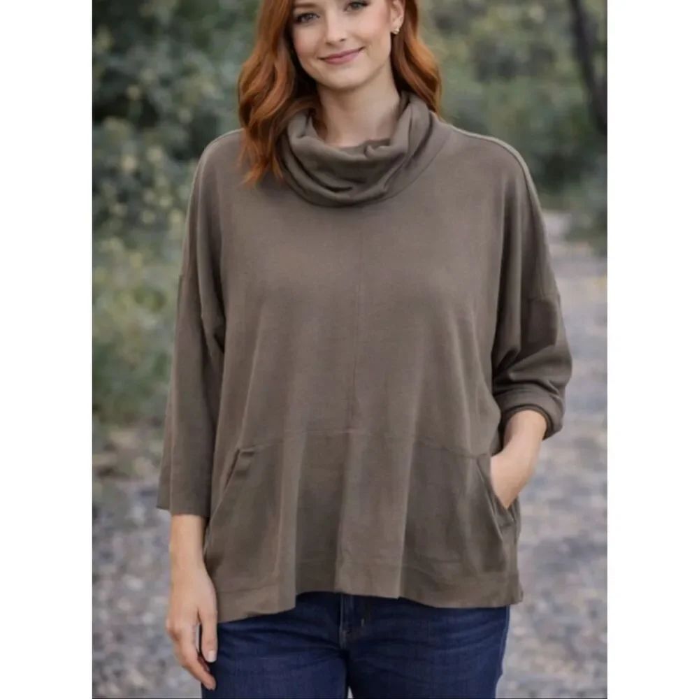 Pure Jill taupe cowl neck pocket front pullover M